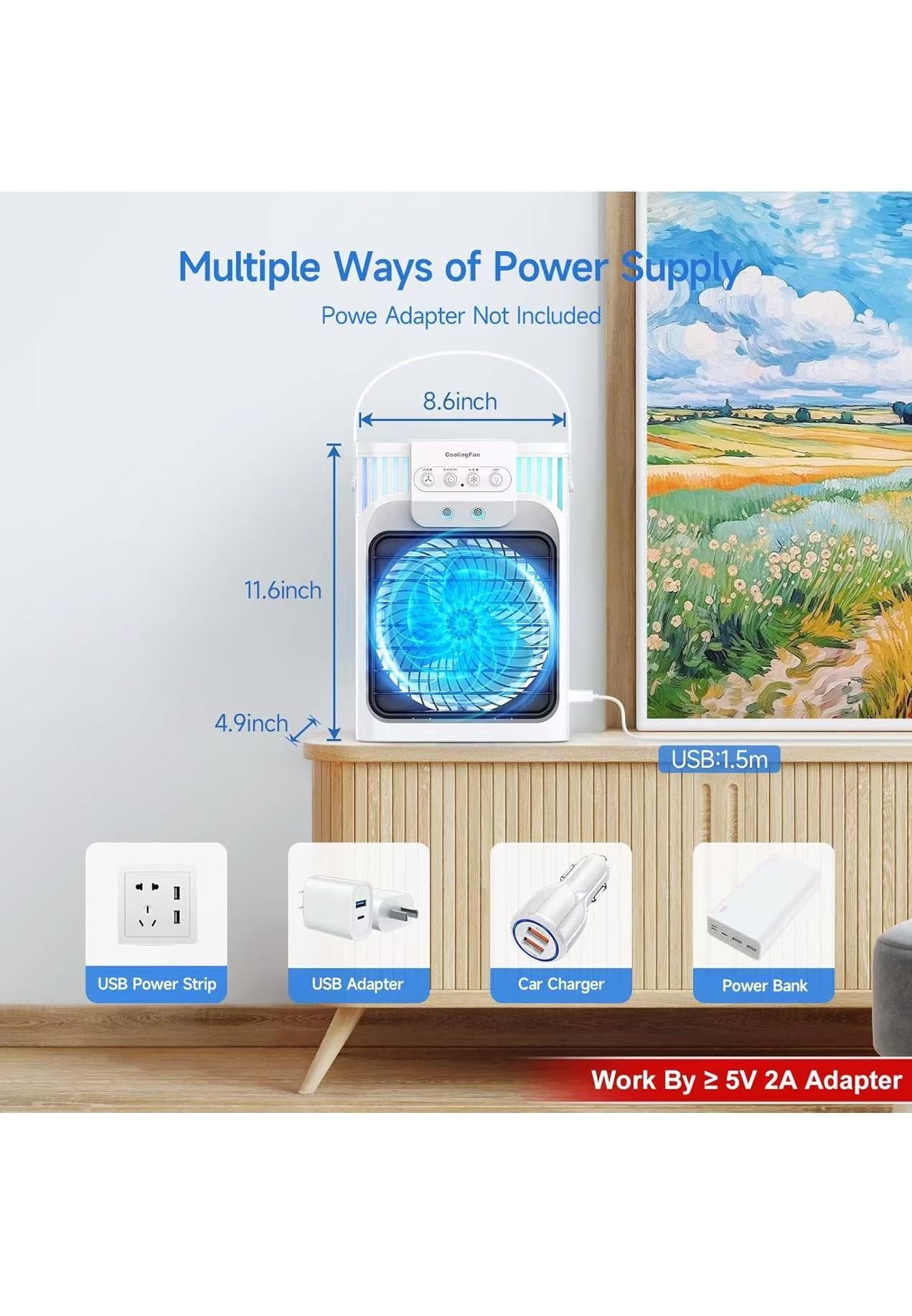 Mini  Evaporative Air Coolers with 3-Speed, USB Charging,7 Color night light for Home & Office , White