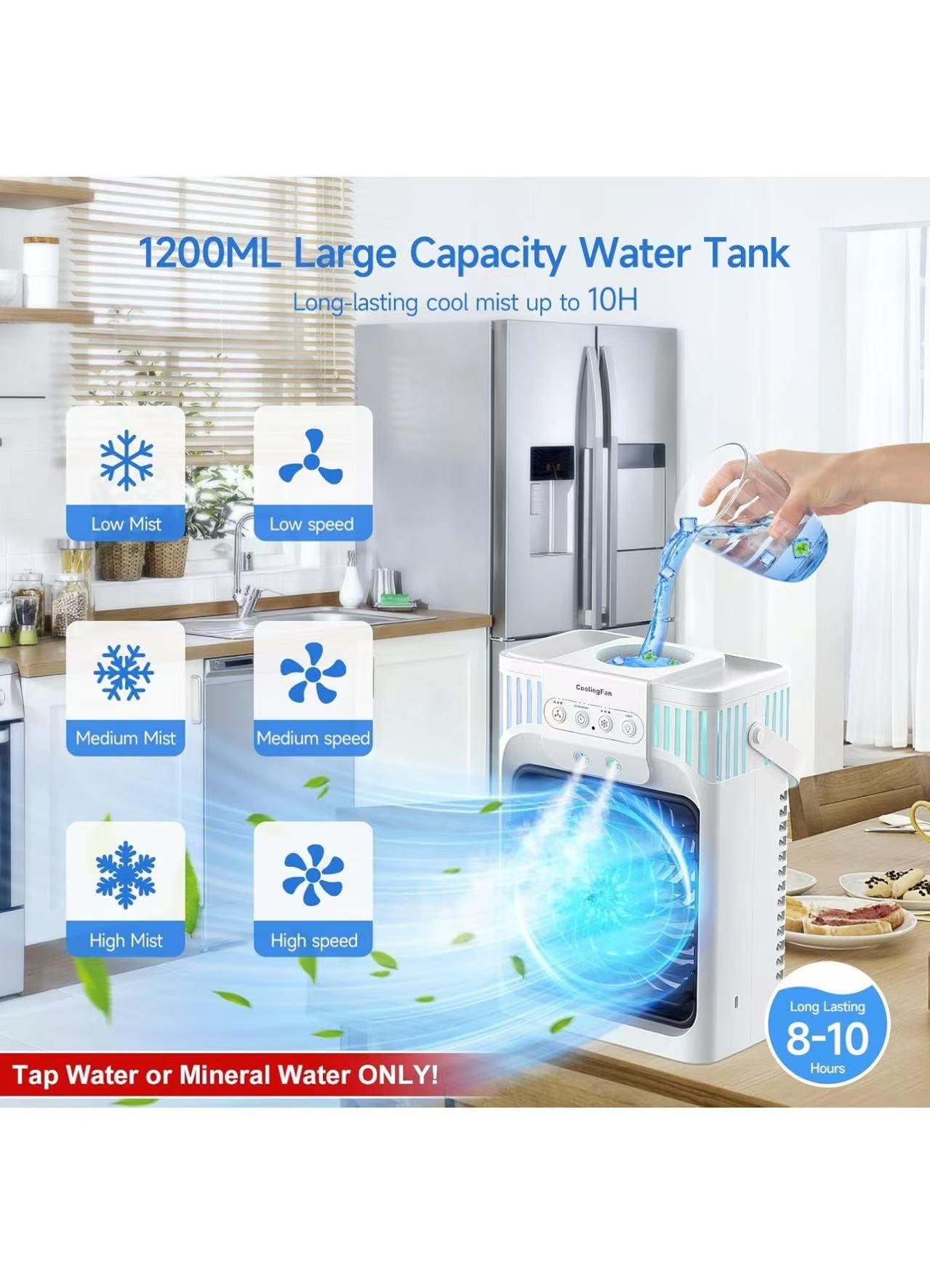 Mini  Evaporative Air Coolers with 3-Speed, USB Charging,7 Color night light for Home & Office , White