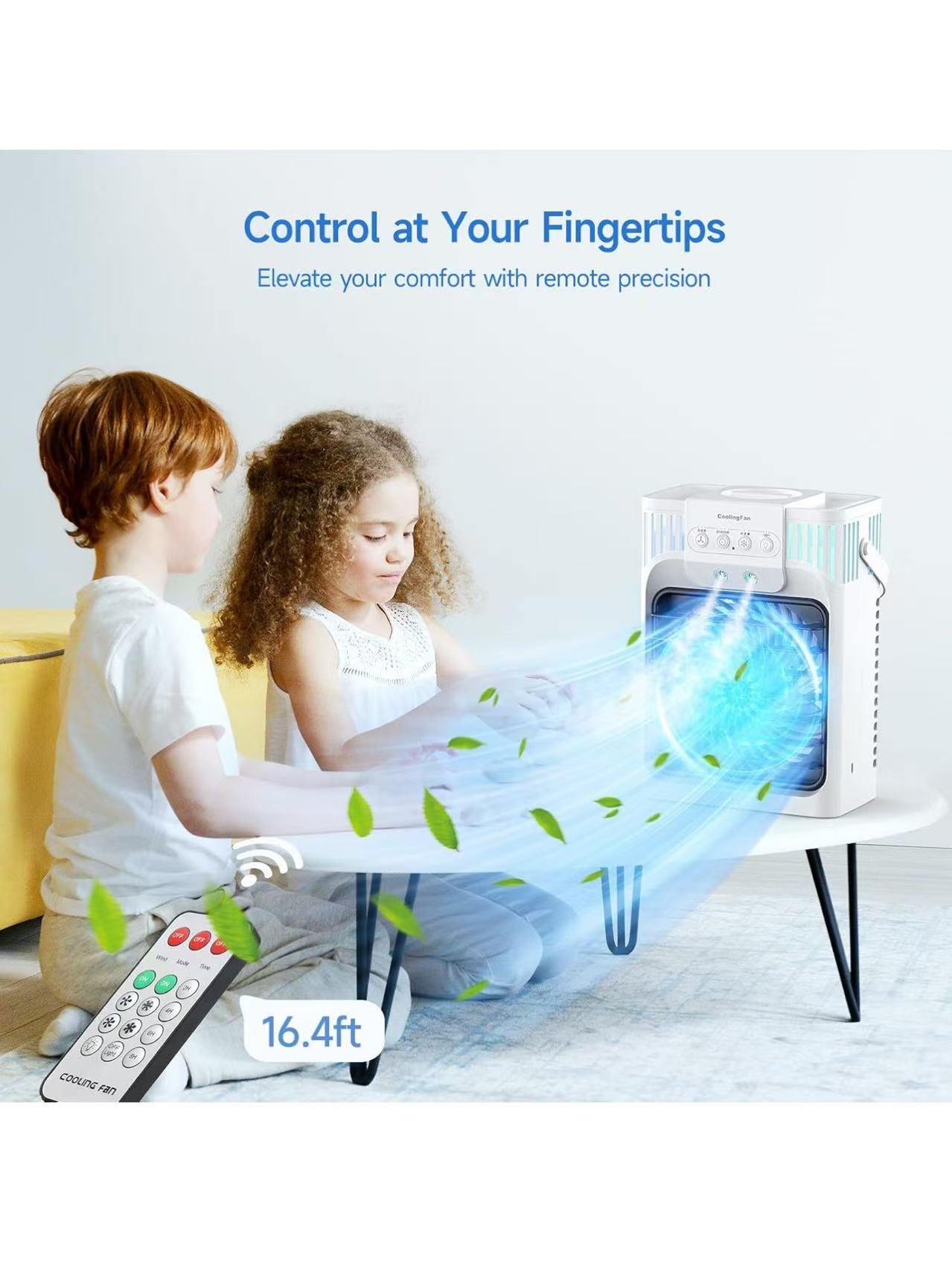 Mini  Evaporative Air Coolers with 3-Speed, USB Charging,7 Color night light for Home & Office , White
