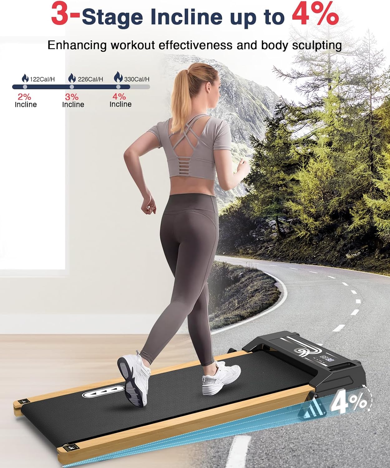 Walking Pad with Incline, 265 Lbs Capacity, Installation-Free, Remote Control, LED Display for Home Gym, Grain