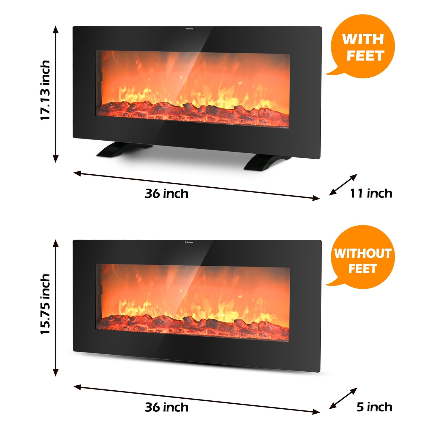 36 inches 1500W Freestanding/Wall-Mounted Electric Fireplace Heater with Remote Control, 7.5-hours timer, 2 Heat Settings & Realistic Flame, Black