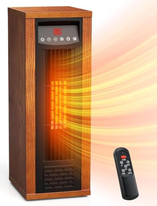 1500W Infrared Walnut Tower Heater with Thermostat, Remote, 3 Modes, 12H Timer, Tip-over & Overheat Protection, Child Lock for Indoor Use