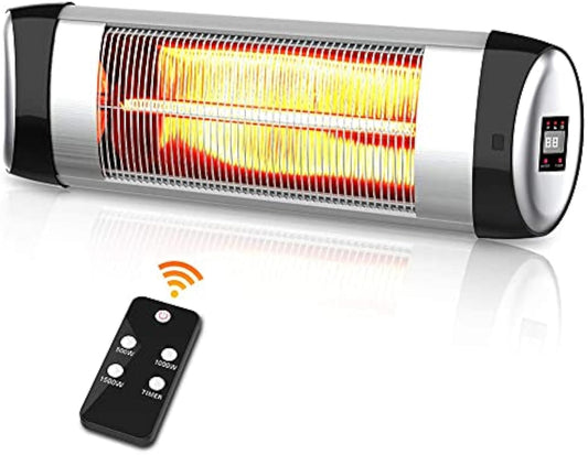 Electric Patio Heater Wall-Mounted Outdoor Heater with Remote Control, Indoor/Outdoor Infrared Heater, 1500W Quiet with LED Display, 3 Seconds Instant Warm with 24H Timer, Waterproof IP34