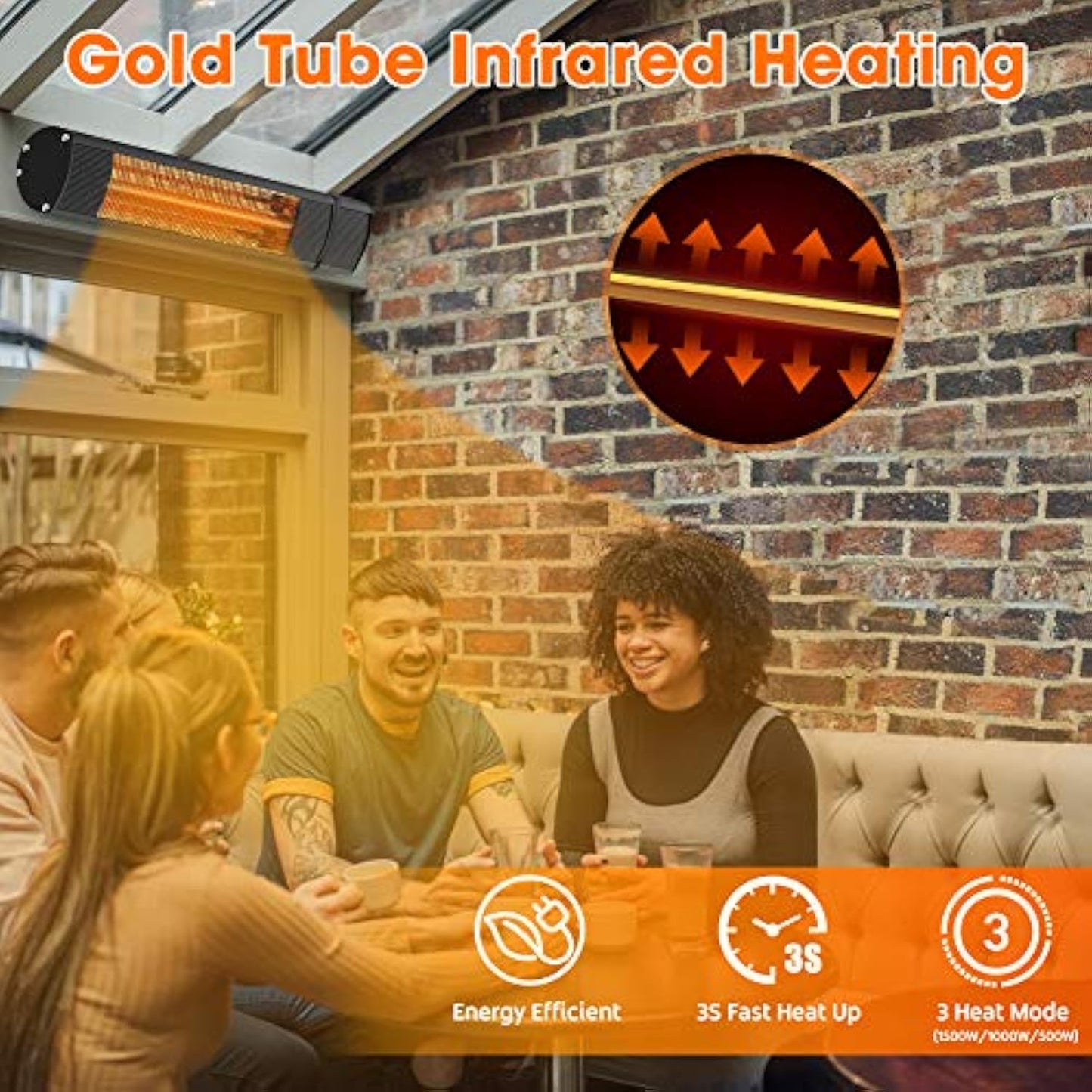 Electric Patio Heater - Outdoor Heater Wall Mounted Super Quiet 1500W Fast Heat Gold Tube Infrared Space Heater with Remote Control Safe Overheat Protection Ceiling Hang for Garage IP65