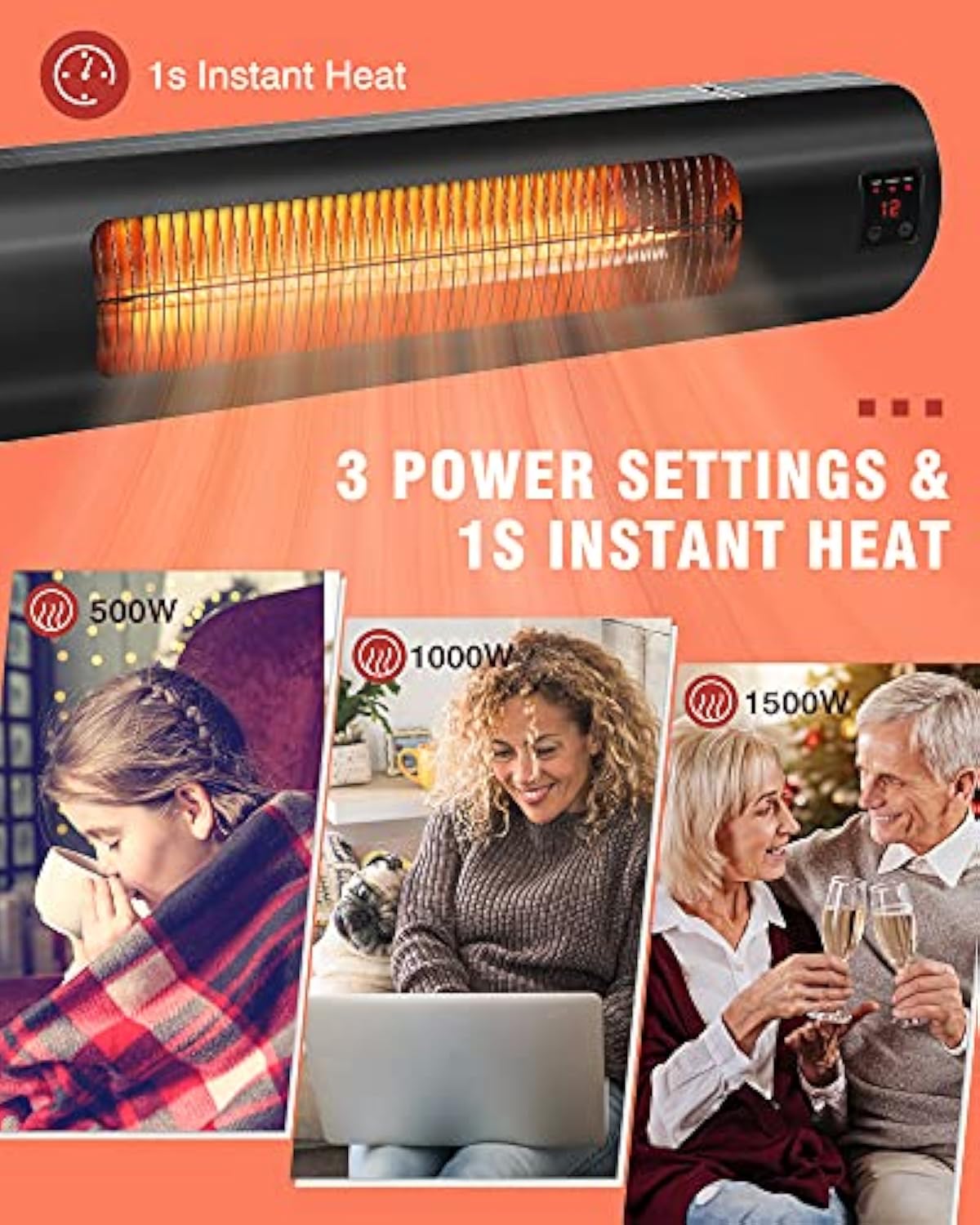 Electric Patio Heater, Infrared Wall Mounted Super Quiet Outdoor Heater  with Remote Control, 1500W for Garage Backyard, Black