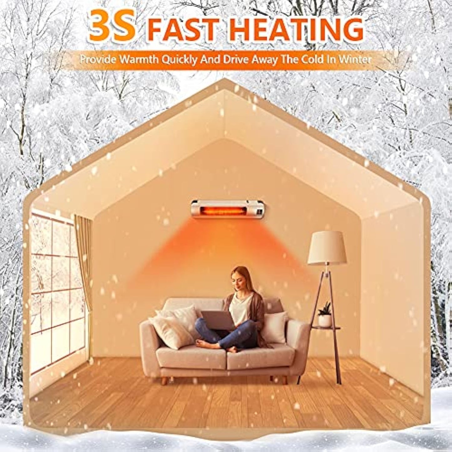 Electric Patio Heater, Infrared Outdoor Heater Wall Mounted Super Quiet with Remote Control, 1500W Space Heater Instant Warm for Garage Backyard, Silver