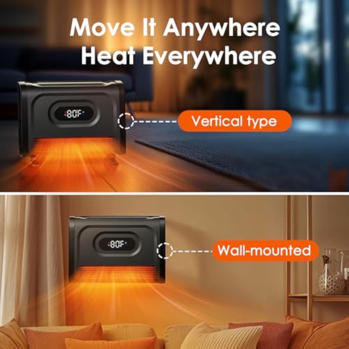 1500W Wall Mounted Infrared Space Heater with Attachable Feet，Adjustable Thermostat, Remote, 12 Timer, Safety Child Lock for Indoor Use, Black