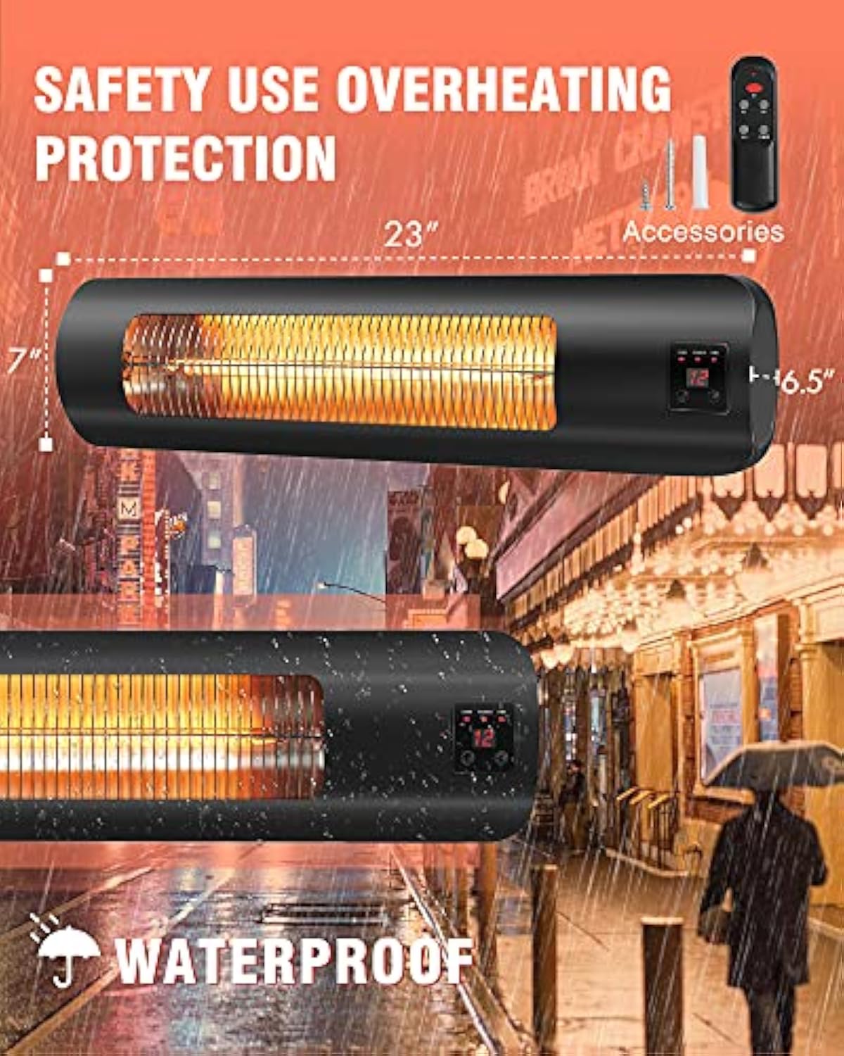 Electric Patio Heater, Infrared Wall Mounted Super Quiet Outdoor Heater  with Remote Control, 1500W for Garage Backyard, Black