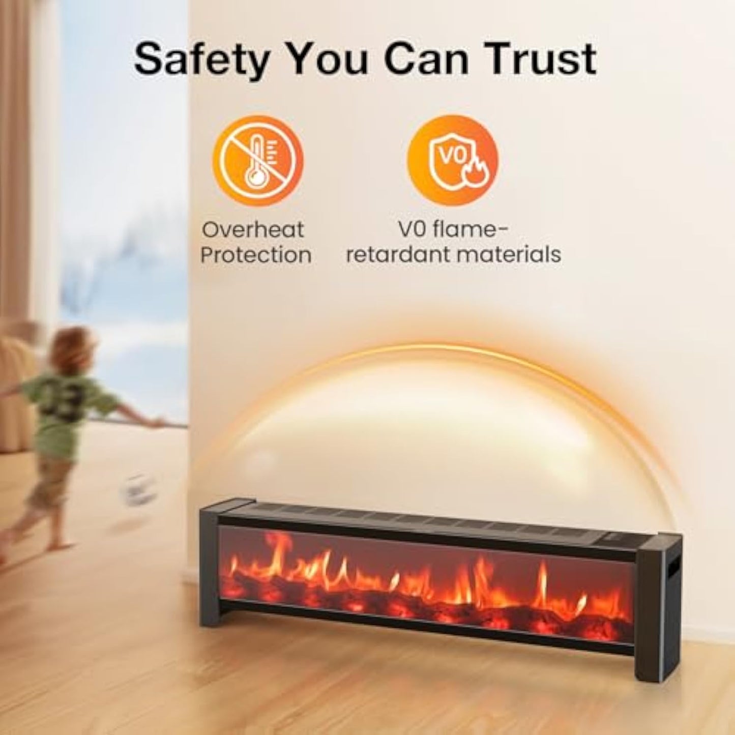 33 x 6.6in Electric Fireplace Heater, 1500W, Floor Standing,12H Timer, Remote, Eco, Child Lock for up to 270 Sq.ft Space Indoor Use, Black