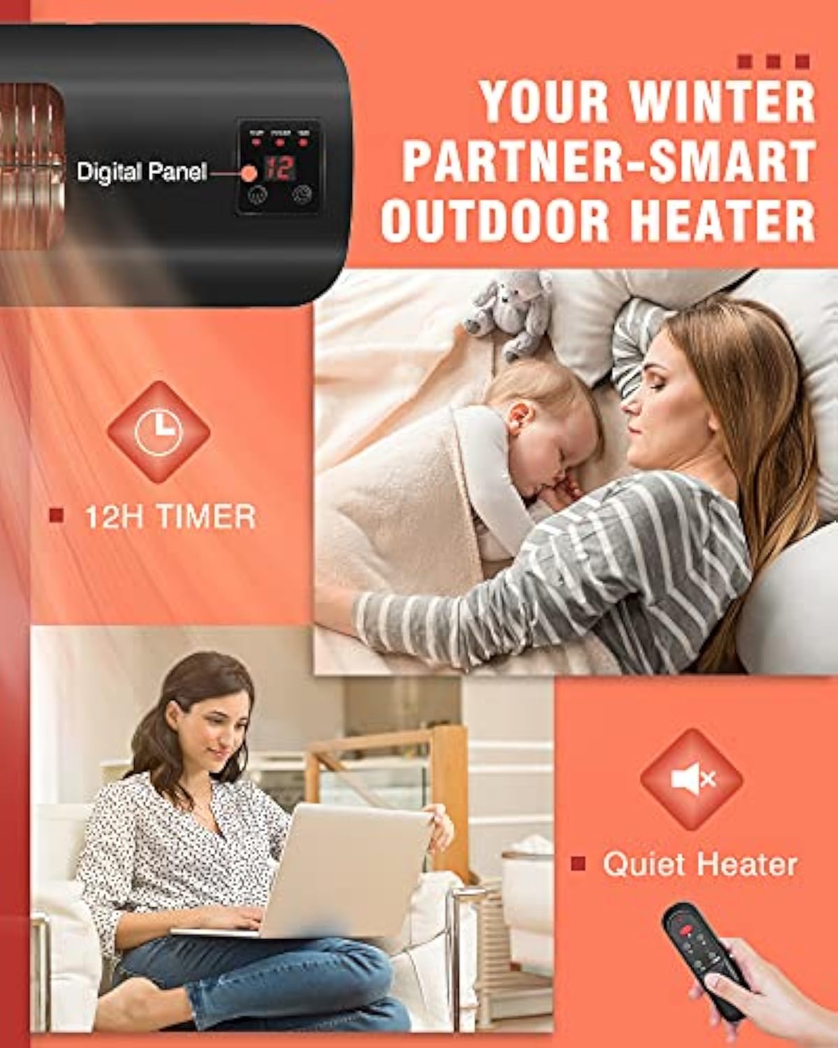 Electric Patio Heater, Infrared Wall Mounted Super Quiet Outdoor Heater  with Remote Control, 1500W for Garage Backyard, Black