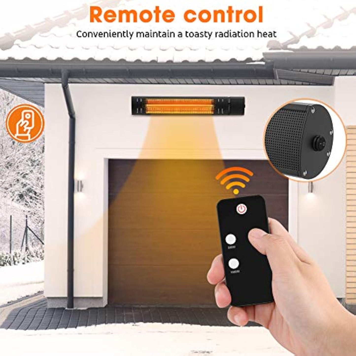 Electric Patio Heater - Outdoor Heater Wall Mounted Super Quiet 1500W Fast Heat Gold Tube Infrared Space Heater with Remote Control Safe Overheat Protection Ceiling Hang for Garage IP65