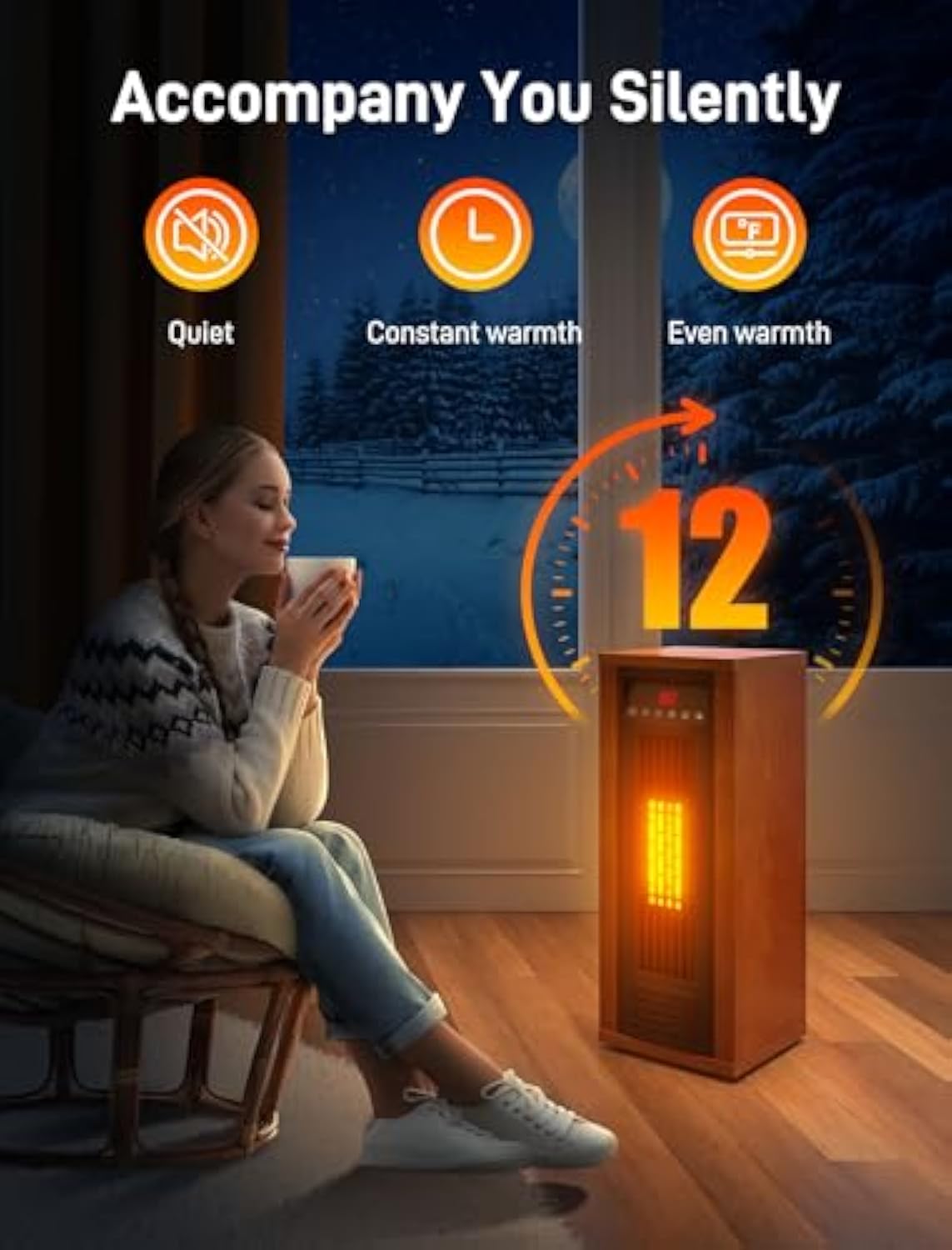 1500W Infrared Walnut Tower Heater with Thermostat, Remote, 3 Modes, 12H Timer, Tip-over & Overheat Protection, Child Lock for Indoor Use