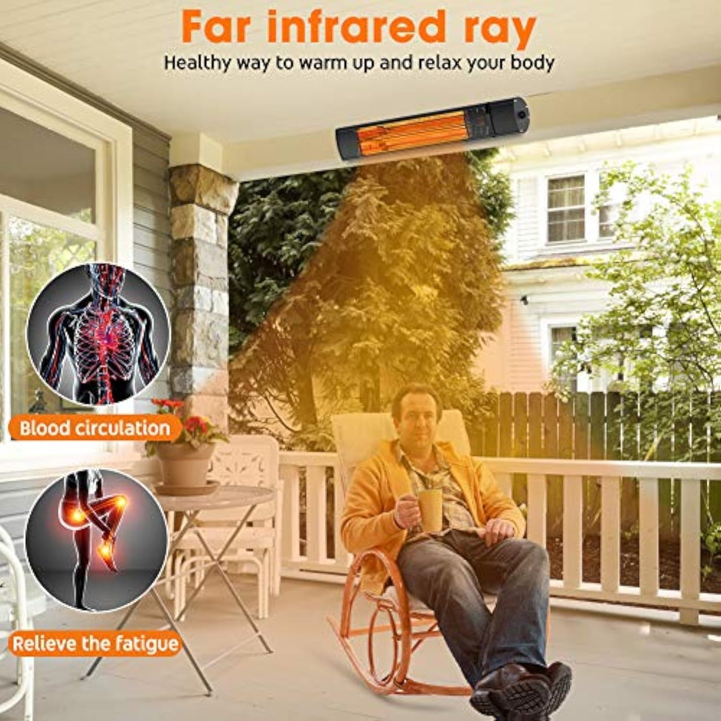 Electric Patio Heater - Outdoor Heater Wall Mounted Super Quiet 1500W Fast Heat Gold Tube Infrared Space Heater with Remote Control Safe Overheat Protection Ceiling Hang for Garage IP65