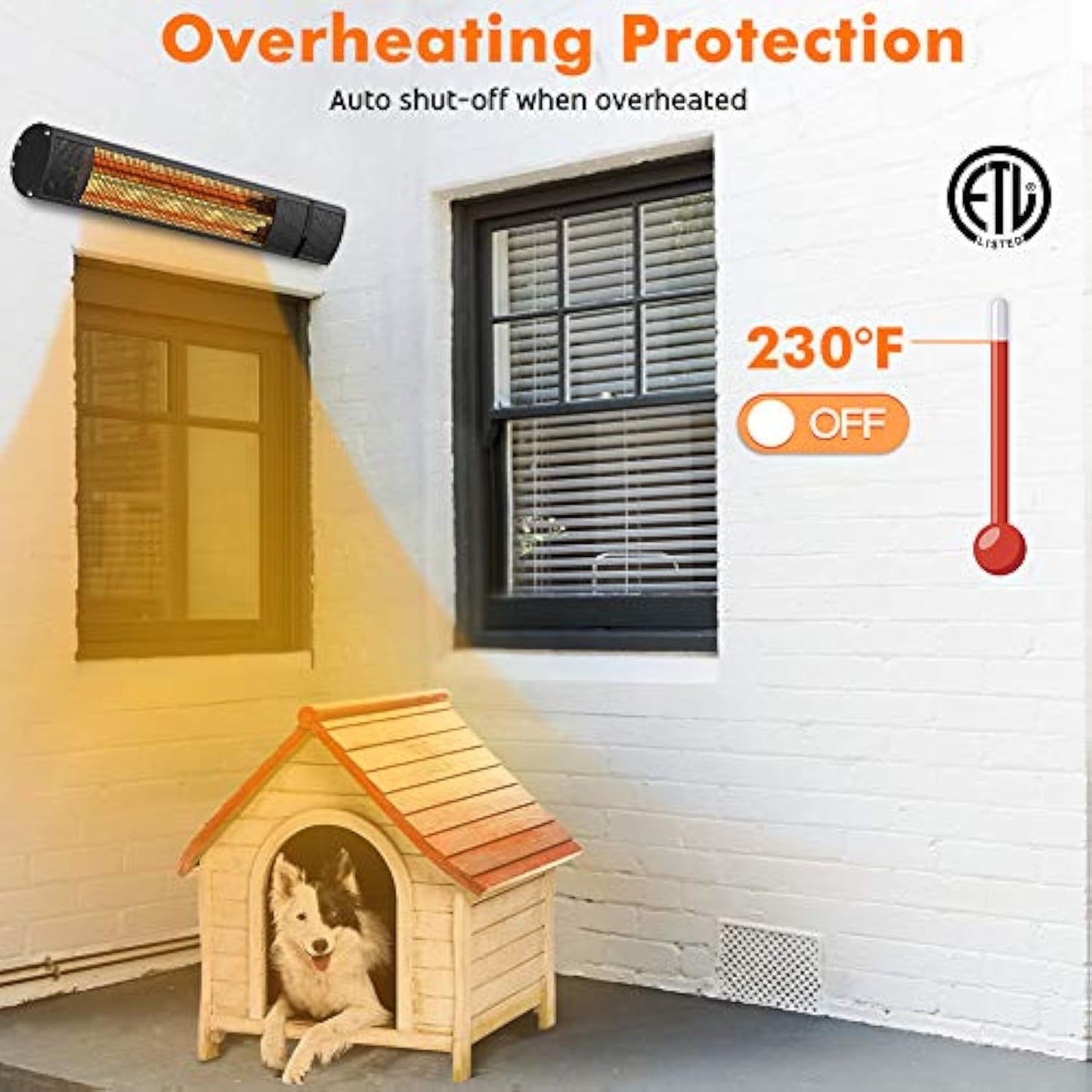 Electric Patio Heater - Outdoor Heater Wall Mounted Super Quiet 1500W Fast Heat Gold Tube Infrared Space Heater with Remote Control Safe Overheat Protection Ceiling Hang for Garage IP65