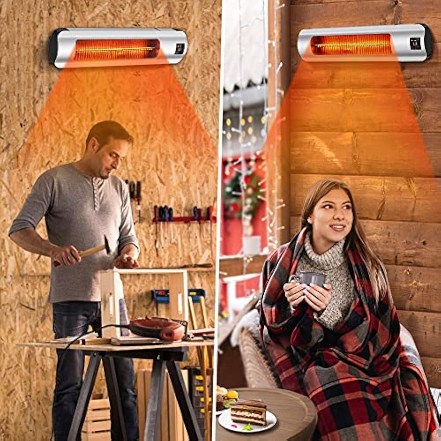 Electric Patio Heater, Infrared Outdoor Heater Wall Mounted Super Quiet with Remote Control, 1500W Space Heater Instant Warm for Garage Backyard, Silver